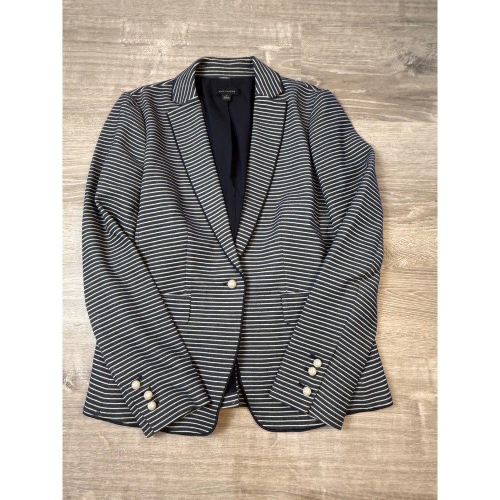 Ann Taylor Navy White Striped Knit Blazer Pearl Button Jacket 4